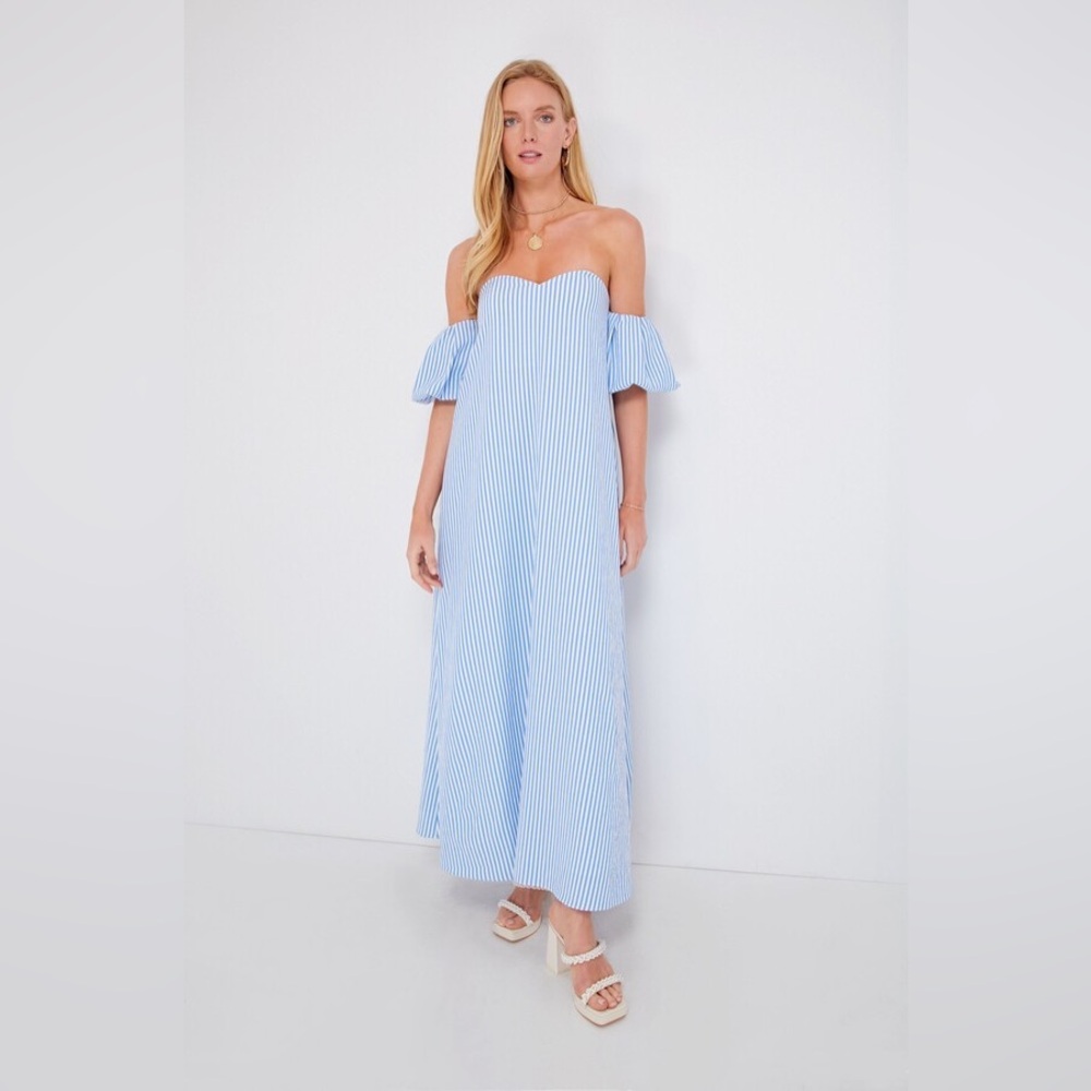 Elegant Blue Striped Off-Shoulder Dress